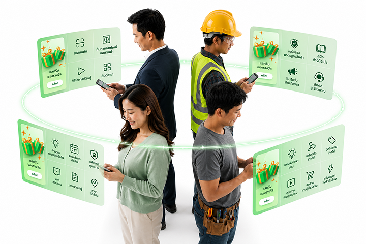 Four personas standing in a circle viewing personalized rich menu cards on their phones